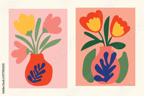 Tulips flowers in vase modern abstract art vector