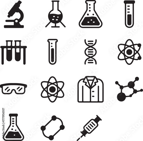 Set of science and laboratory icons for medical research and chemistry experiments