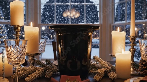 Elegant Christmas dinner table setting with flickering candles snow falling outside window festive holiday atmosphere warm glow cozy winter celebration elegant dining Podium