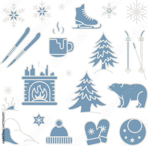 Cozy winter icons collection featuring snowflakes skating fireplace and polar bear
