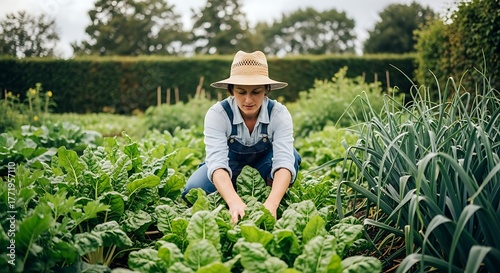 Woman farmer wearing a straw hat tending to a lush green vegetable garden
