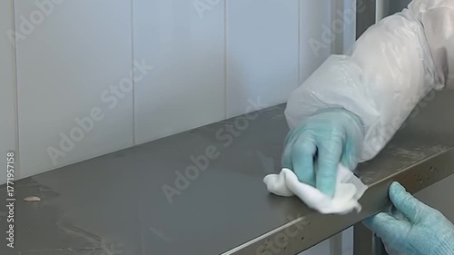In sterile, industrial environment, person wearing protective clothing and gloves carefully wipes down stainless steel shelves with white cloth. Scene illustrates meticulous cleaning hygiene protocols