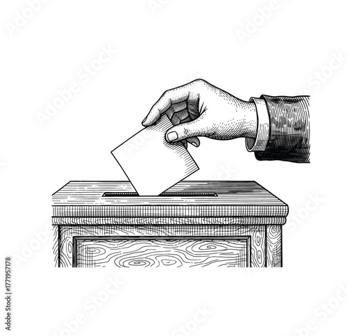 Hand Casting Vote in Ballot Box – Vintage Election Democracy Engraving