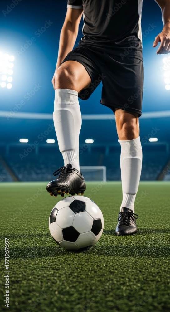 Fototapeta premium Young caucasian male soccer player balancing ball on field under stadium lights