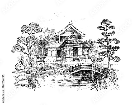 Japanese house with pond and garden. Asian architecture. Timber framing. Vector landscape. Ink sketch of the street. Hand drawn vintage illustration for book, emblem or print. Medieval town
