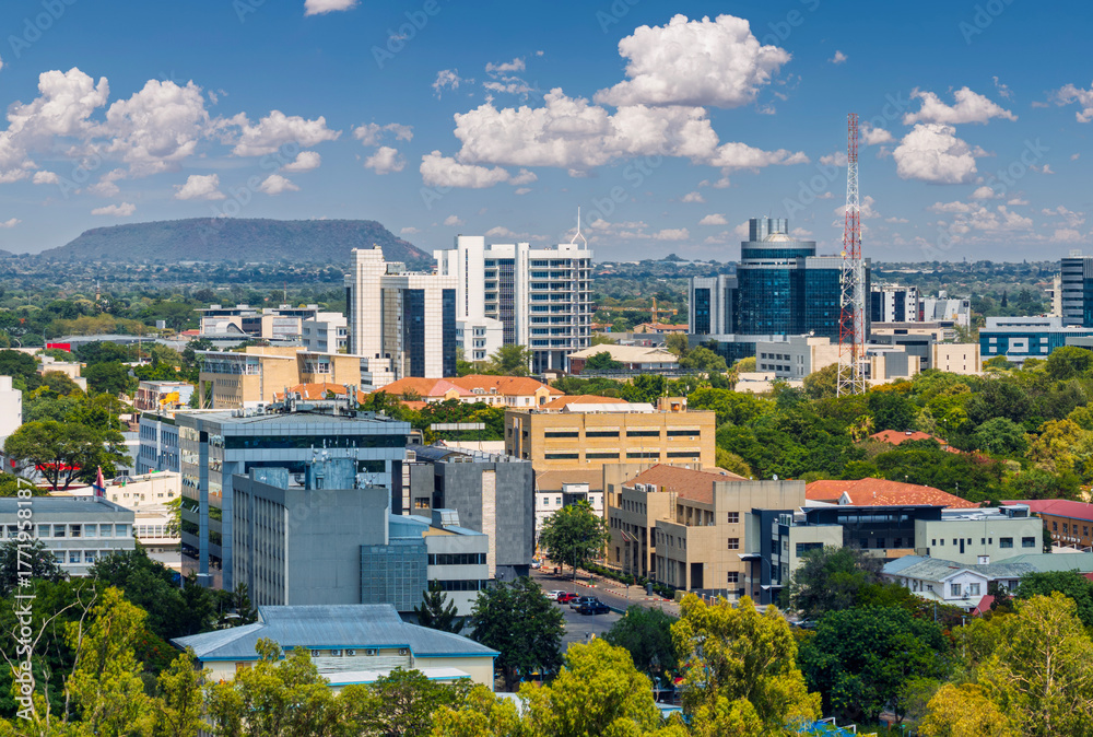 Obraz premium aerial view Gaborone Botswana, Main Mall, CBD, government buildings, city skyline, daytime