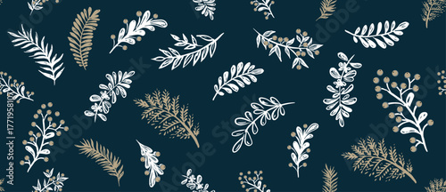 Branch pattern on blue, hand drawn.
