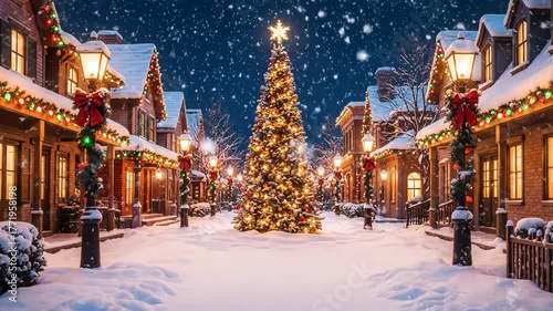 A snowy Christmas street scene features a lit tree, decorated homes, and falling snow