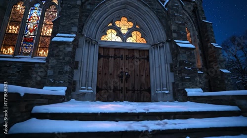 A stone church with stained-glass windows illuminated at night, covered in snow