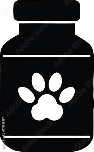 Black silhouette of a medicine bottle with a paw print on it, isolated on white background