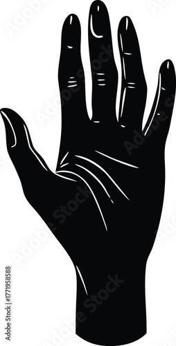 Black silhouette of a hand with fingers spread, isolated on white background