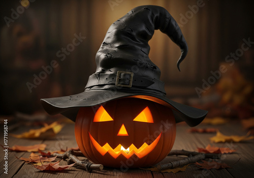 Spooky Jack-o'-Lantern with Witch Hat on Rustic Wood Floor with Fall Leaves
