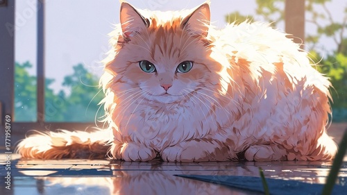 Fluffy cat lounging peacefully on a shiny floor in a sunny room with plants in the background