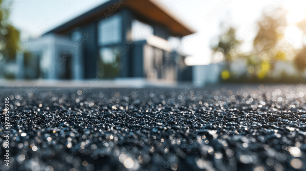 Fototapeta premium Modern house with a textured asphalt driveway and sunlight glowing in the background
