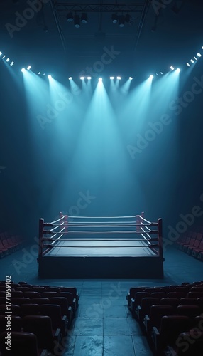 Fototapeta Naklejka Na Ścianę i Meble -  Empty boxing ring under dramatic blue lighting waits for fight. Arena with red ropes ready for competition. Place for fight and sport event. Nobody inside. Spotlights illuminate place with seats.