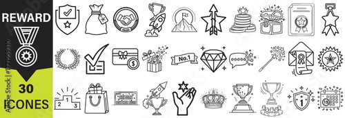 A grid of 30 hand-drawn reward and achievement icons presented in a distinctive silhouette style.