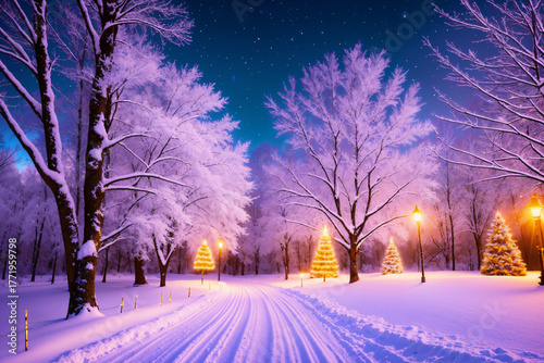 Christmas night in city park, beautiful winter nature with Christmas tree with decorations and lights, festive background for the New Year holiday
