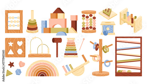 Set of wooden educational toys for kids. Baby toys for motor skills activities and early learning development. Sorter, abacus.Vector illustration in cartoon style. Isolated background
