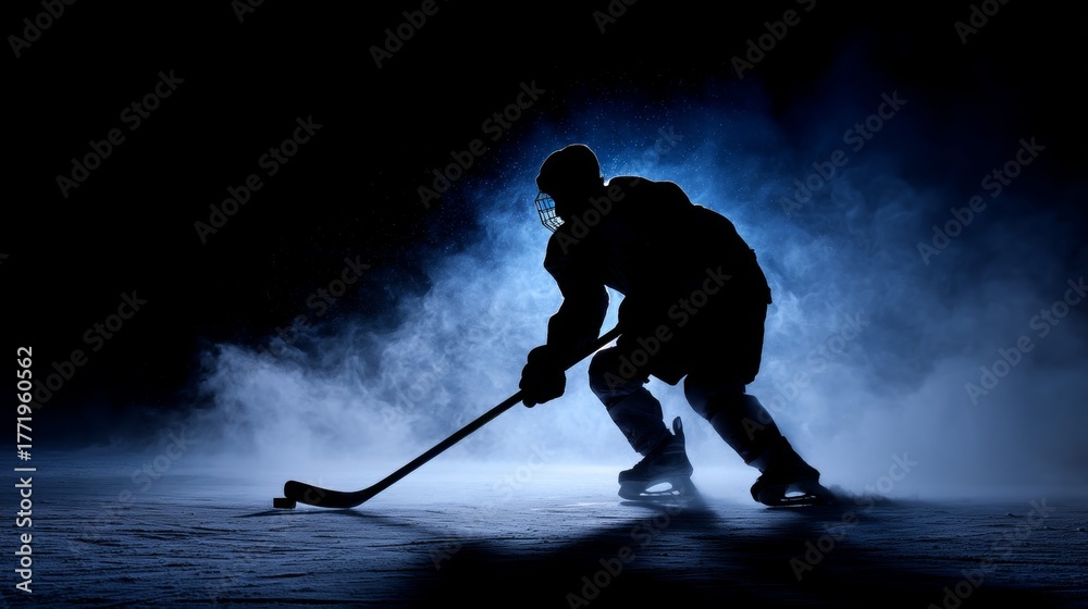 Naklejka premium Silhouette of hockey player on ice in blue mist