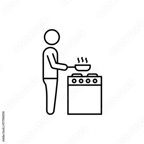 Black and white icon of a person cooking on a stove
