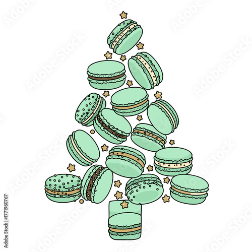 Green macarons arranged as a Christmas tree with decorative stars  