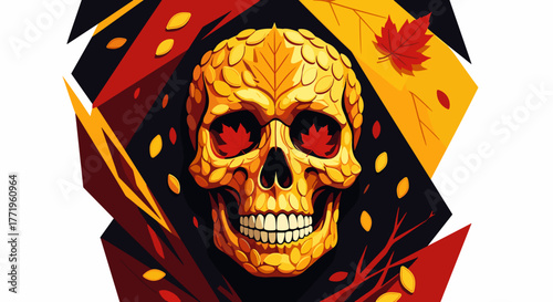 Colorful skull illustration surrounded by autumn leaves and geometric shapes  