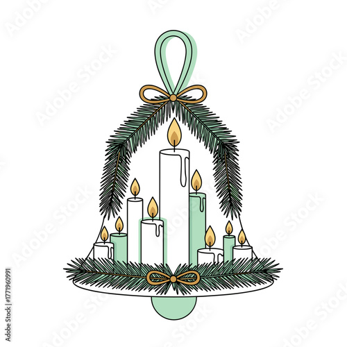 Festive bell decoration with candles and pine branches for holidays  