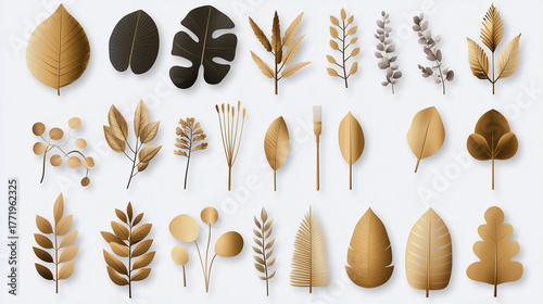 Floral Gold Element set objects sparkle decor social media template white background clip art New Year Christmas winter beauty holidays advertisement decoration shine abstract leaves branch botanical