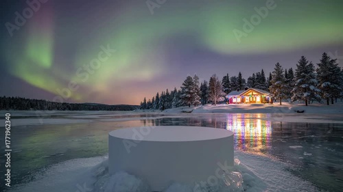 Enchanting Aurora Borealis Dances Over Frozen Lake and Cozy Cabin Winter Wonderland Magical Northern Lights Display Festive Holiday Lights Reflecting on Ice and Snowscape Podium