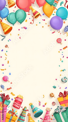 High quality image of colorful party background with balloons, confetti, gifts, and party hats.