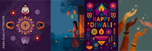 Happy Diwali Illustration Set. A vibrant collection of illustrations celebrating Diwali, the Festival of Lights. Vector graphics for cards, posters, and designs.