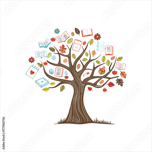 Knowledge Tree Growing From Open Book Illustration: Growth Tree, Personal Development, Business Training, Creativity, Idea, Success, Future, Study, School, Learning, education, study, library.
