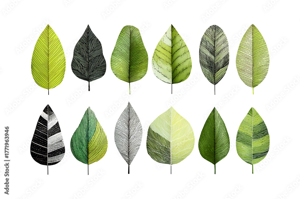 Obraz premium Collection of diverse green and metallic leaf textures and shapes symbolizing nature and design inspiration isolated on transparent background