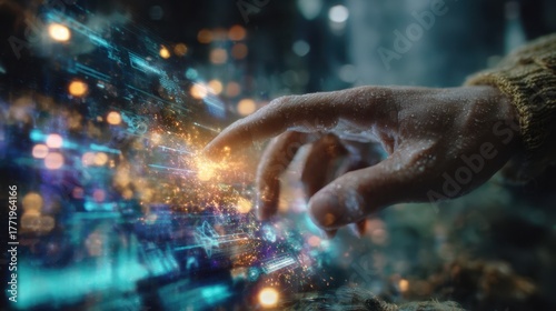 Faceless operator interacting with holographic interface. A futuristic concept of technology and AI.