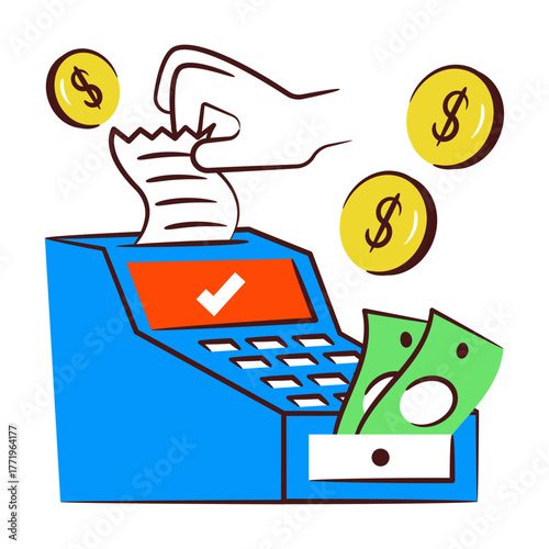 Invoice machine icon, doodle design of cash register