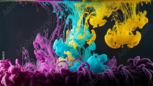 Dynamic fluid motion of bright yellow cyan and magenta ink colors mixing underwater against a dark background slow motion