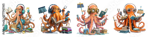 Engaging octopus characters multitasking with tools, reading, and tech, perfect for illustrating efficiency, ocean life, or whimsical educational content