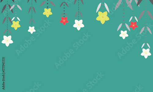 上から垂れ下がった黄色と白と赤のクリスマスローズが飾られた緑色の背景