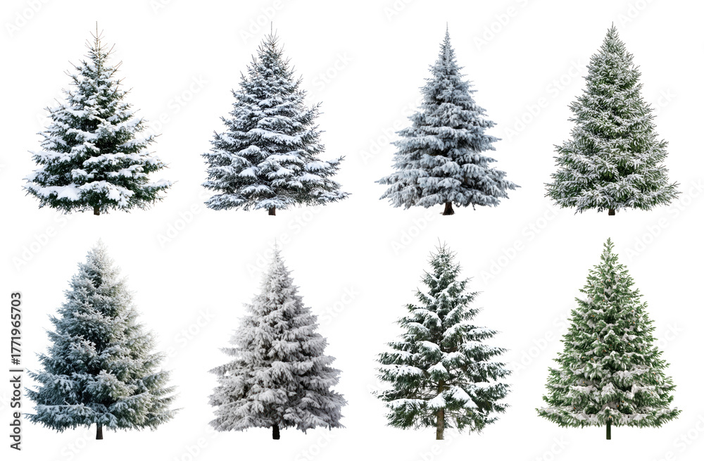 Fototapeta premium PNG Snow-covered evergreen trees collection, element set on transparent background