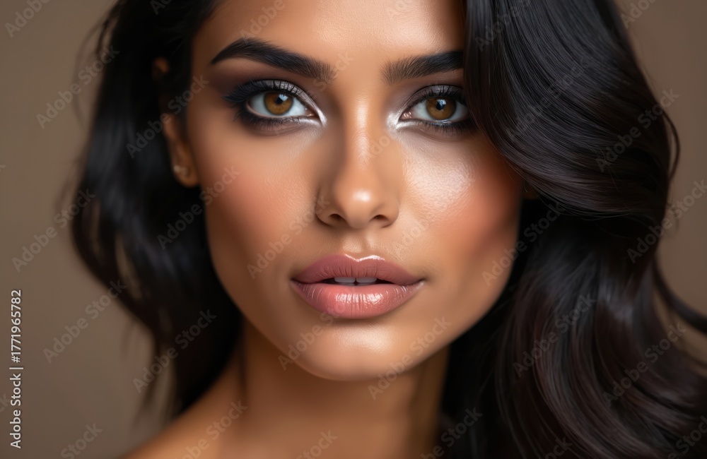 custom made wallpaper toronto digitalClose-up portrait of Indian woman with smokey eye makeup and glossy lips. Her skin glows with blush and bronzer. She has dark wavy hair and captivating eyes looking forward with a gentle expression.