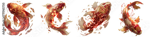 Graceful Koi Fish Collection: Serene Aquatic Harmony, Symbolizing Luck and Prosperity, Ideal for Asian Art, Zen Gardens, and Elegant Decorative Elements