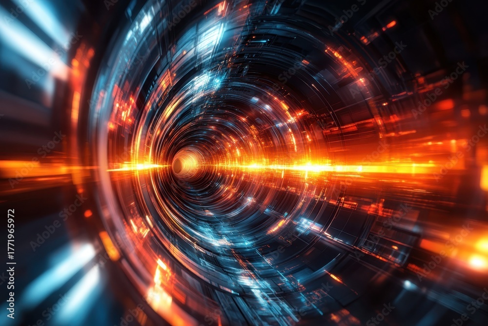 Obraz premium A dynamic and colorful abstract representation of light traveling through a futuristic tunnel