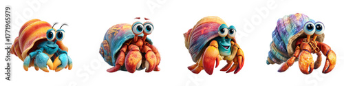 Adorable cartoon hermit crabs with colorful shells, playful sea creatures perfect for children's books and educational materials, vibrant sea life illustrations