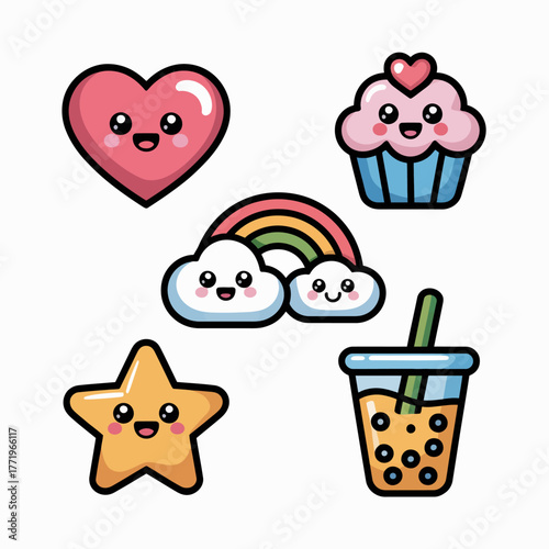 Cute kawaii style icons featuring heart cupcake rainbow star and bubble tea