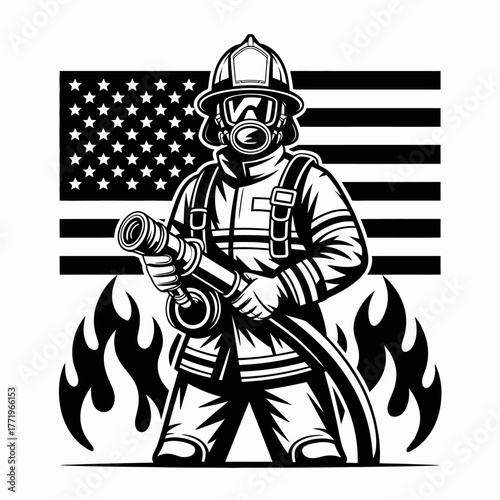 American firefighter hero in front of us flag and flames