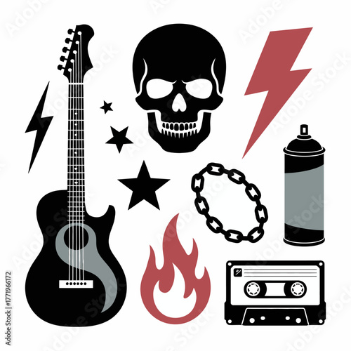 Rock and roll iconography collection with guitar skull and flames