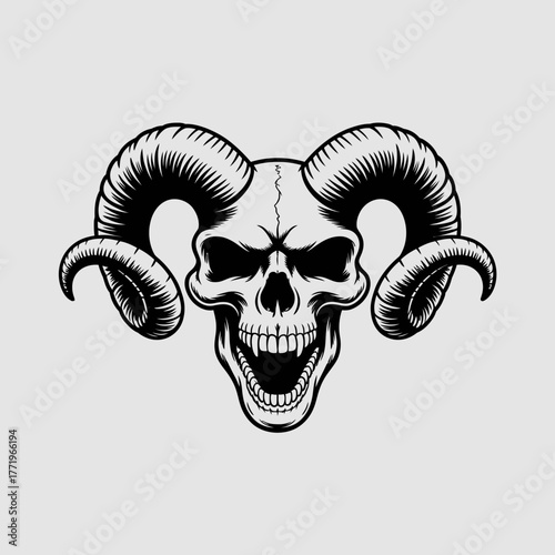 Scary ram skull with large curved horns and open mouth