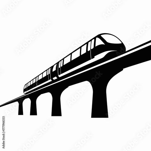 Monorail train traveling on elevated track in silhouette