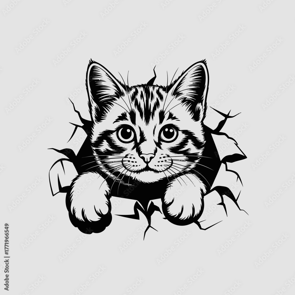 Obraz premium Cute tabby kitten peeking through a torn paper background