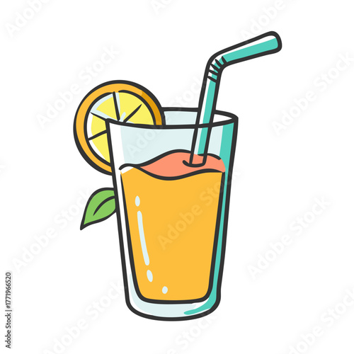 Refreshing orange juice vector illustration with straw and slice